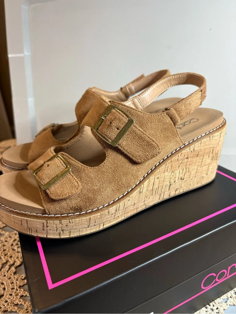 New Corkys Tan Faux Suede Cork Platform Wedge Sandals